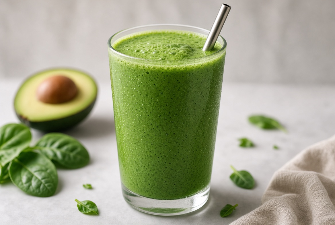 Grüner Smoothie mit Spinat und Avocado