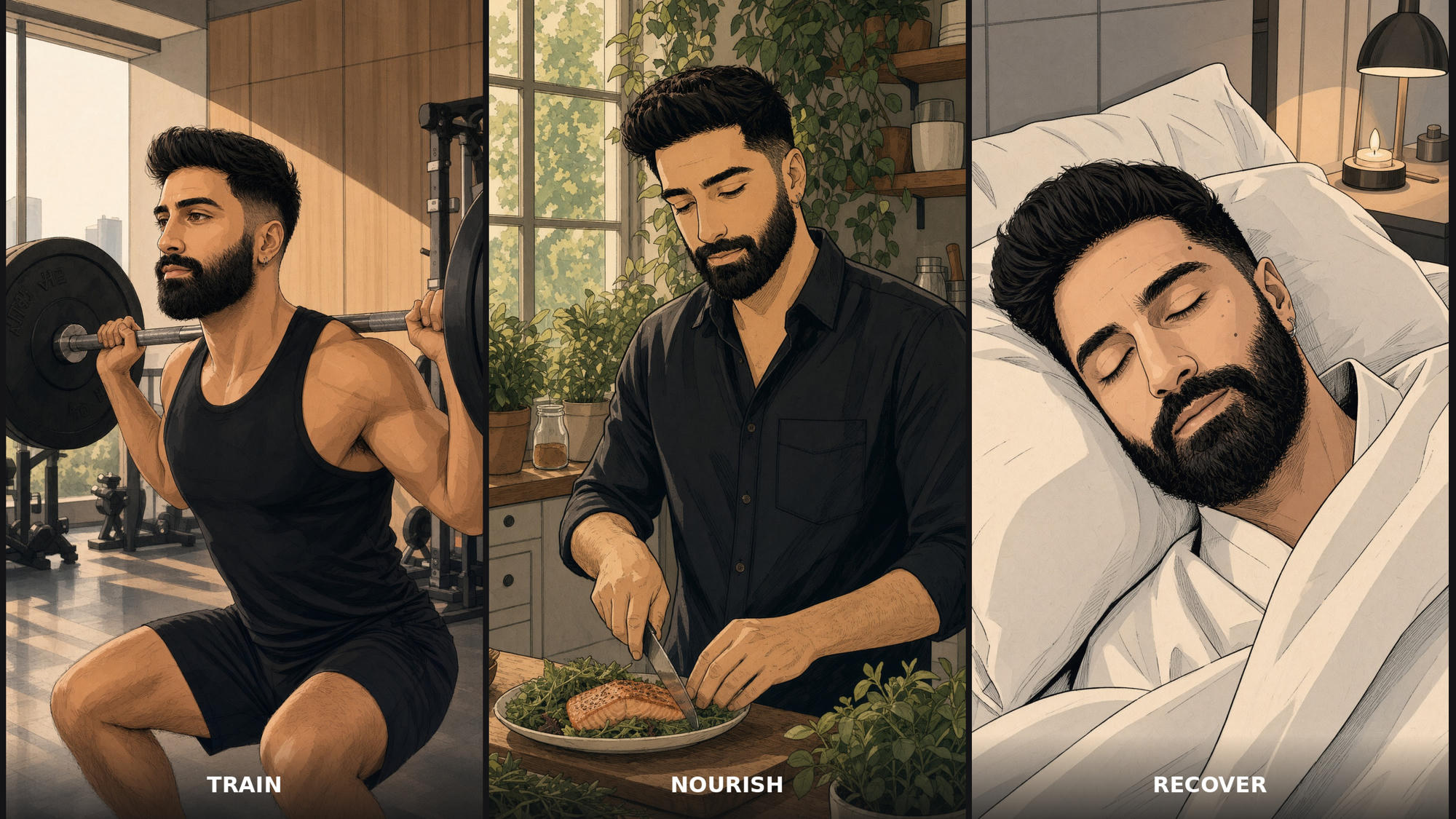 Illustration: Training, Ernährung und Erholung als Säulen der Langlebigkeit
