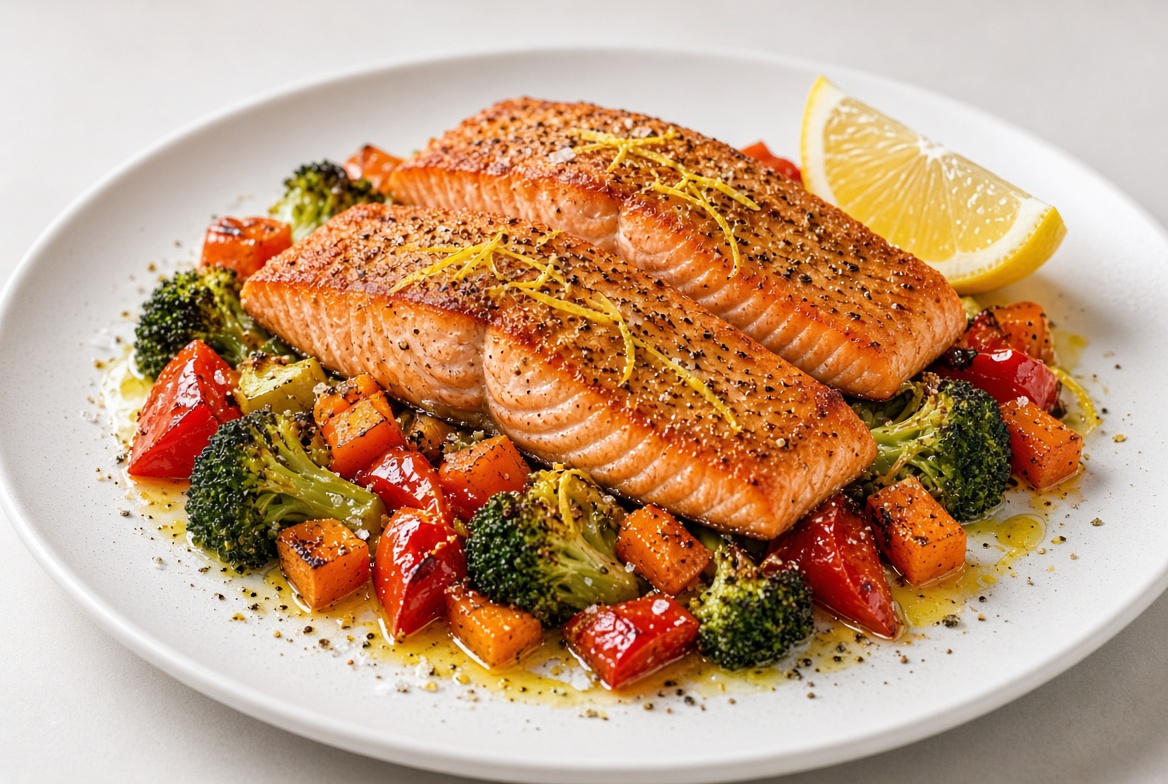 Wild-Lachs mit Ofengemüse und Olivenöl